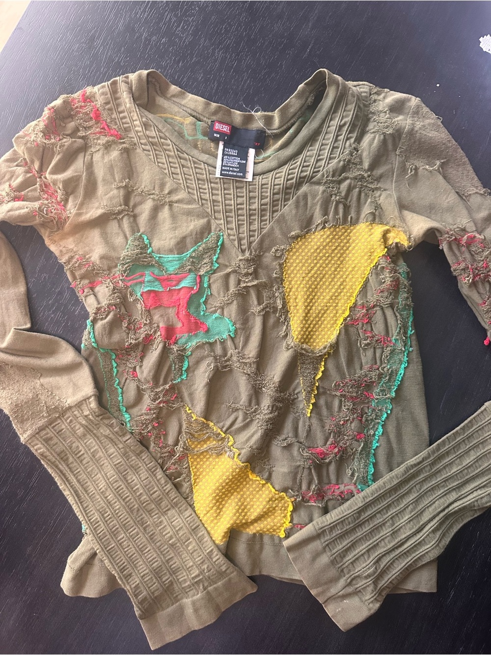 Diesel Olive Green Long Sleeve Top with Yellow, Red and Teal Patchwork
